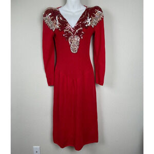 Pat Sandler for Wellmore Dress 12 Red‎ Sweater Sequin Neck Cinch Waist Elegant